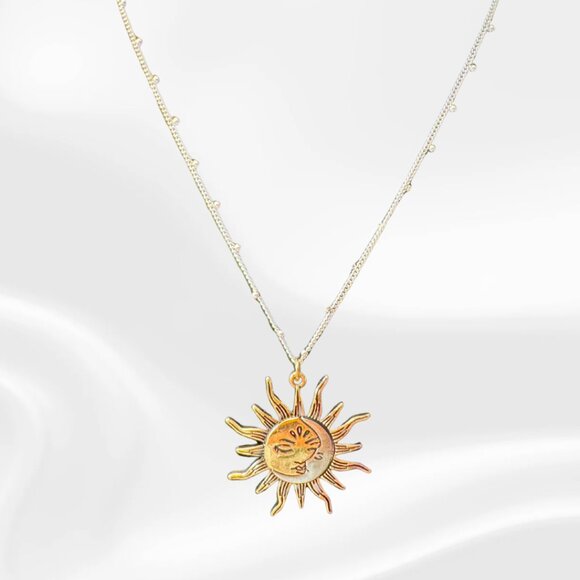 Sun Pendant Necklace — Two-Tone Celestial Charm on Silver-Tone Chain (Adjustable - Picture 1 of 3